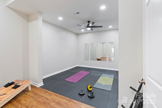 9433 Wallace Pond Dr, Huntersville, NC 28078 - exercise room with recessed lighting, wood finished floors, ceiling fan, and baseboards