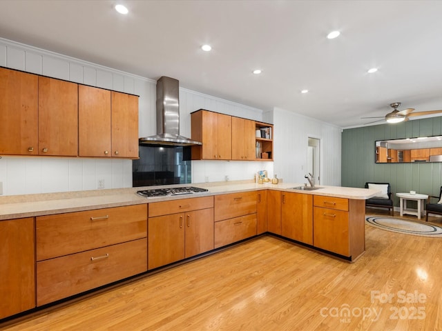 1031 Eldorado Ave, Charlotte, NC 28262 - kitchen with wall chimney range hood, a sink, ornamental molding, a peninsula, and light wood-style floors