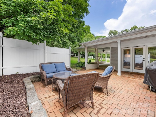 1031 Eldorado Ave, Charlotte, NC 28262 - view of patio / terrace with fence, an outdoor living space, ceiling fan, and grilling area