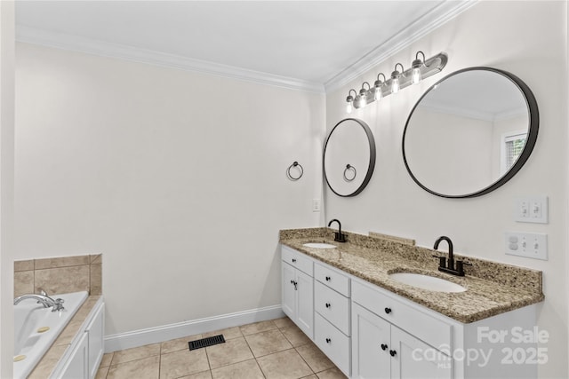 bathroom featuring baseboards, ornamental molding, tile patterned flooring, double vanity, and a tub