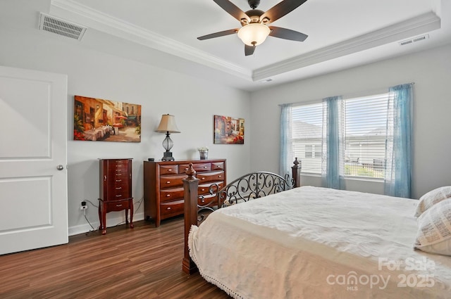 1825 Lotus Ln, Denver, NC 28037 - bedroom with ornamental molding, wood finished floors, a tray ceiling, baseboards, and ceiling fan