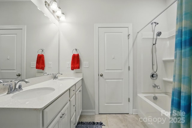 1825 Lotus Ln, Denver, NC 28037 - bathroom with tile patterned floors, baseboards, double vanity, and shower / bath combination with curtain