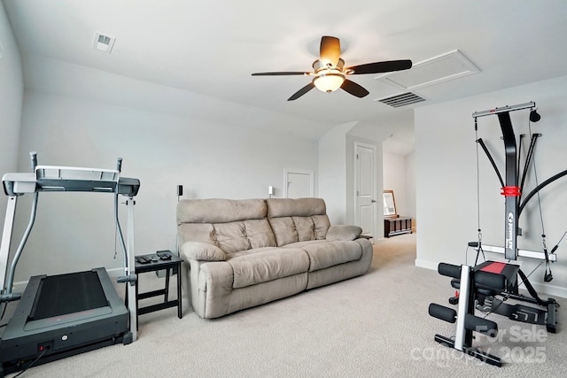 1825 Lotus Ln, Denver, NC 28037 - workout area featuring attic access, a ceiling fan, carpet, lofted ceiling, and baseboards