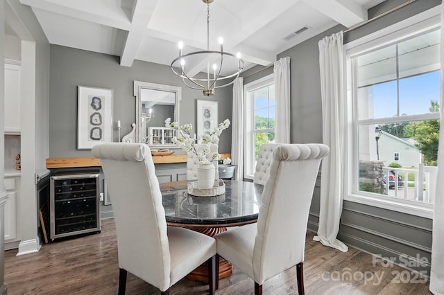 4842 Durneigh Dr, Kannapolis, NC 28081 - dining space with a chandelier, beamed ceiling, dark wood-type flooring, coffered ceiling, and beverage cooler