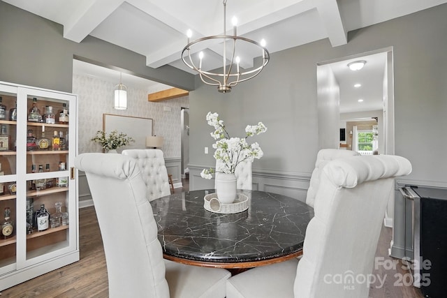 4842 Durneigh Dr, Kannapolis, NC 28081 - dining room with beam ceiling, wood finished floors, and a chandelier