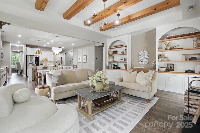 4842 Durneigh Dr, Kannapolis, NC 28081 - living room featuring dark wood finished floors, beamed ceiling, built in shelves, recessed lighting, and a chandelier