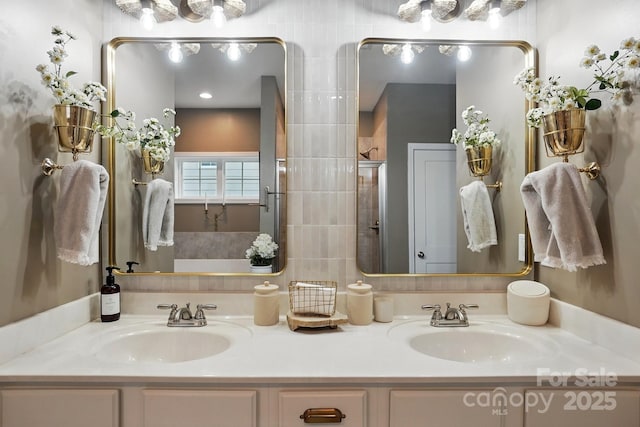 4842 Durneigh Dr, Kannapolis, NC 28081 - bathroom with a tile shower and double vanity