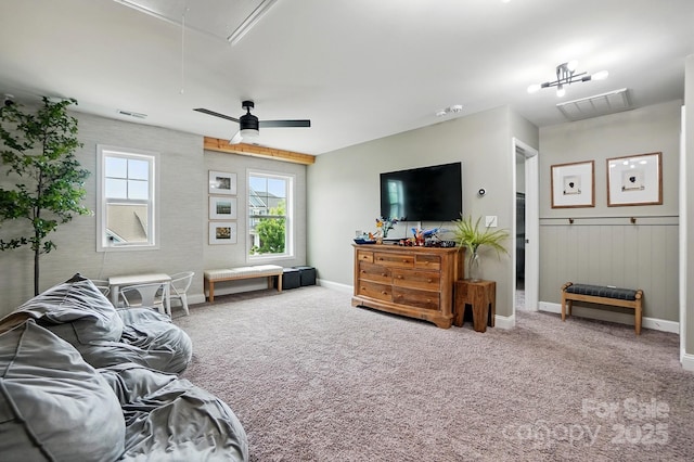 4842 Durneigh Dr, Kannapolis, NC 28081 - living area with attic access, baseboards, carpet floors, and a ceiling fan
