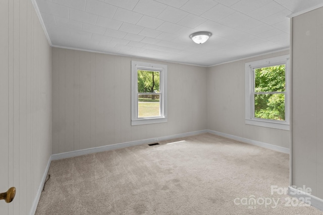 carpeted empty room with ornamental molding and wood walls