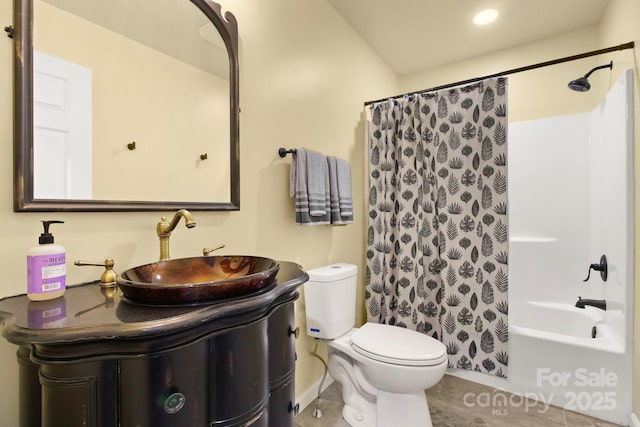 full bathroom featuring toilet, shower / tub combo, vanity, and tile patterned flooring