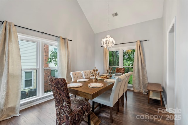 8605 Tamarron Dr, Charlotte, NC 28277 - dining room with high vaulted ceiling, wood finished floors, a chandelier, and plenty of natural light