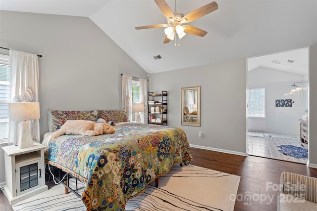 8605 Tamarron Dr, Charlotte, NC 28277 - bedroom with vaulted ceiling, wood finished floors, baseboards, and a ceiling fan