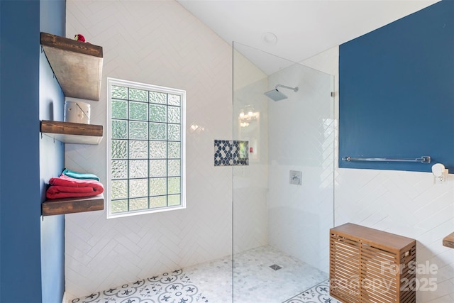 8605 Tamarron Dr, Charlotte, NC 28277 - bathroom with walk in shower and tile walls