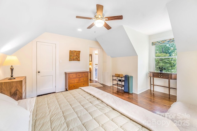 6 Craggy Cir, Asheville, NC 28803 - bedroom with vaulted ceiling, wood finished floors, and ceiling fan