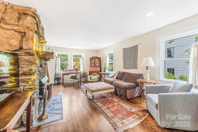 6 Craggy Cir, Asheville, NC 28803 - living room with hardwood / wood-style flooring, a fireplace, and recessed lighting