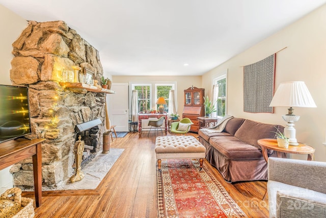 6 Craggy Cir, Asheville, NC 28803 - living area with hardwood / wood-style flooring and a stone fireplace