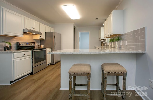 1610 Ford St, Charlotte, NC 28216 - kitchen featuring stainless steel appliances, white cabinetry, under cabinet range hood, a peninsula, and ornamental molding