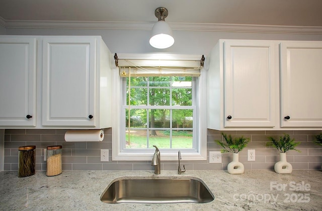 1610 Ford St, Charlotte, NC 28216 - kitchen featuring a sink, tasteful backsplash, white cabinetry, and ornamental molding