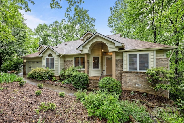 5 Governors Dr, Hendersonville, NC 28791 - single story home featuring roof with shingles, an attached garage, brick siding, and crawl space
