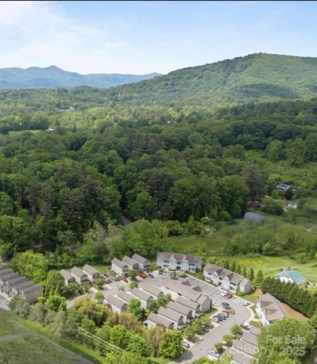 view of property location with a forest and mountains