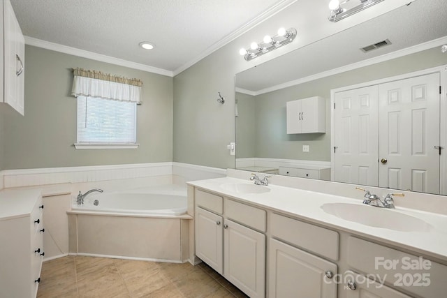 8744 Barrister Way, Charlotte, NC 28216 - full bath with a garden tub, double vanity, a textured ceiling, and ornamental molding