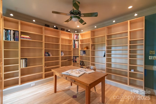416 E Park Ave, Charlotte, NC 28203 - office space with light wood-style floors, ornamental molding, ceiling fan, and built in features