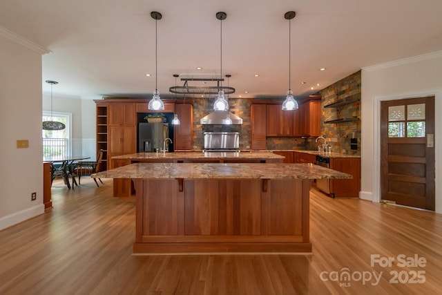 416 E Park Ave, Charlotte, NC 28203 - kitchen featuring open shelves, a large island, stainless steel dishwasher, brown cabinets, and decorative backsplash