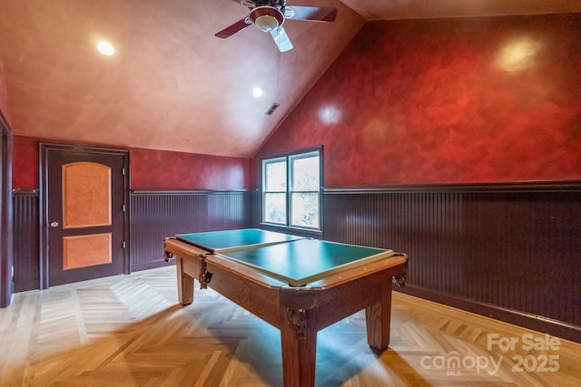 416 E Park Ave, Charlotte, NC 28203 - playroom with wainscoting, vaulted ceiling, ceiling fan, billiards, and recessed lighting