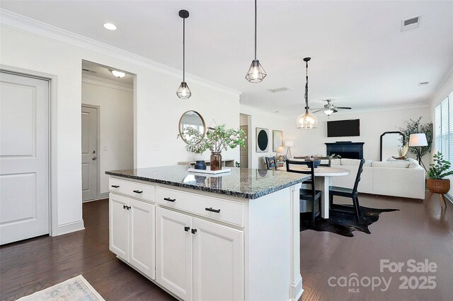 8916 Inverness Bay Rd, Charlotte, NC 28278 - kitchen featuring ceiling fan, dark wood finished floors, open floor plan, a center island, and crown molding