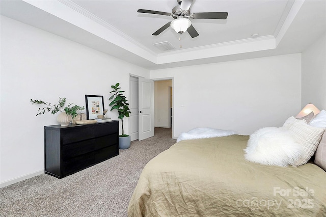 8916 Inverness Bay Rd, Charlotte, NC 28278 - bedroom featuring carpet floors, a raised ceiling, ornamental molding, a ceiling fan, and baseboards