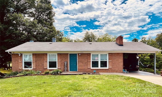 ranch-style house featuring brick siding, a chimney, a front lawn, and a shingled roof