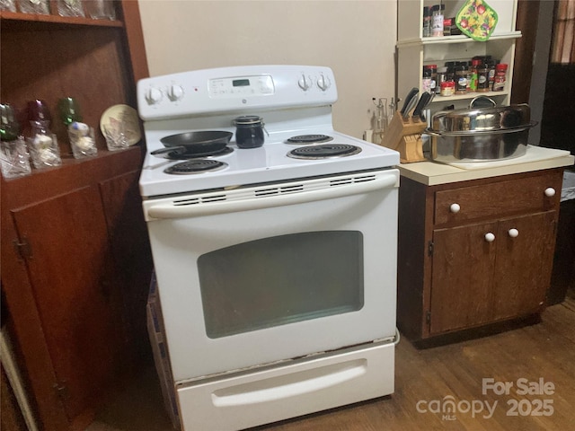24 Pearl St Unit 8A & 8B, Granite Falls, NC 28630 - kitchen with white range with electric cooktop, wood finished floors, and light countertops