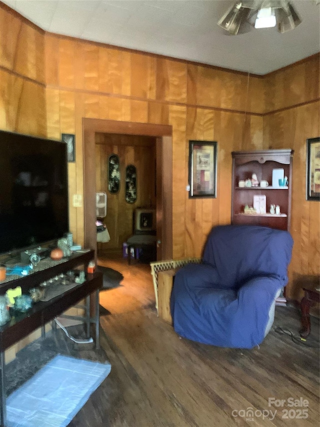 24 Pearl St Unit 8A & 8B, Granite Falls, NC 28630 - living room featuring ceiling fan, wood finished floors, and wooden walls