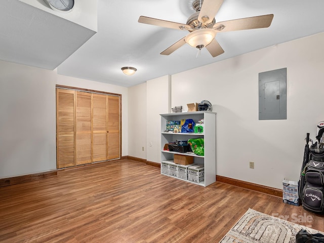 26 Morrow Dr, Fairview, NC 28730 - interior space featuring electric panel, wood finished floors, and ceiling fan