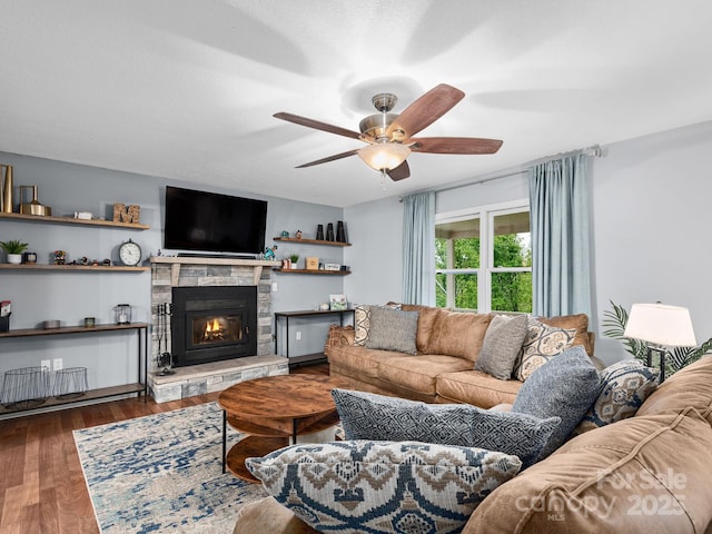 26 Morrow Dr, Fairview, NC 28730 - living area with a fireplace, ceiling fan, and wood finished floors