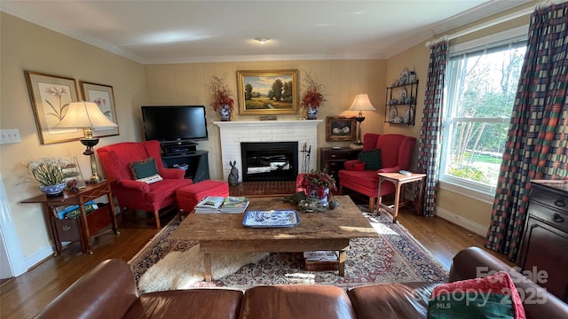 700 Valleyview Dr Unit 1, Albemarle, NC 28001 - living room with wood finished floors, baseboards, crown molding, and a fireplace