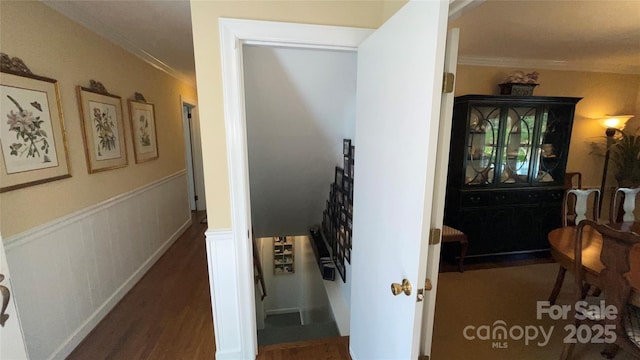700 Valleyview Dr Unit 1, Albemarle, NC 28001 - hall with ornamental molding, wood finished floors, and a wainscoted wall