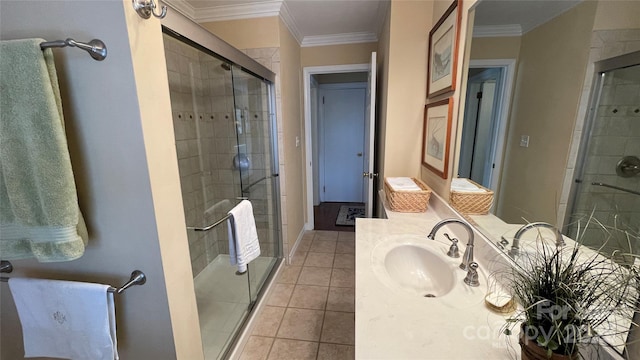 700 Valleyview Dr Unit 1, Albemarle, NC 28001 - bathroom with a shower stall, ornamental molding, tile patterned flooring, and vanity