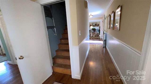 700 Valleyview Dr Unit 1, Albemarle, NC 28001 - hallway with dark wood finished floors, wainscoting, and stairway