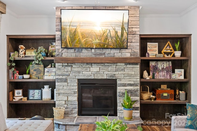 281 Crooked Creek Est, Old Fort, NC 28762 - living area featuring ornamental molding, wood finished floors, and a stone fireplace