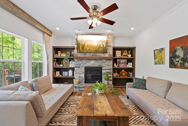281 Crooked Creek Est, Old Fort, NC 28762 - living area featuring ornamental molding, ceiling fan, wood finished floors, a fireplace, and recessed lighting