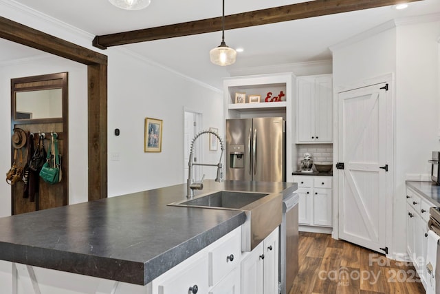 281 Crooked Creek Est, Old Fort, NC 28762 - kitchen featuring dark countertops, stainless steel appliances, a sink, a center island with sink, and dark wood finished floors