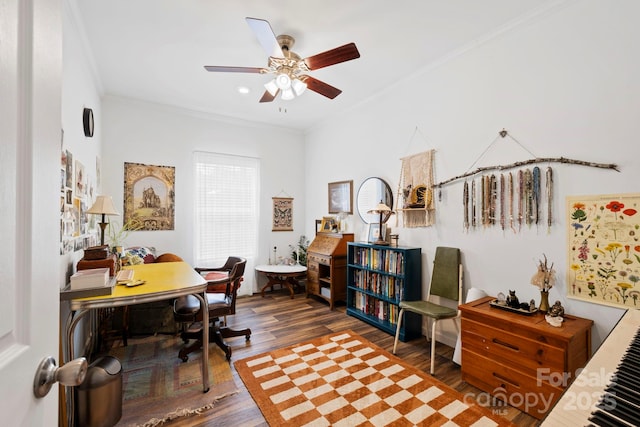 281 Crooked Creek Est, Old Fort, NC 28762 - office space with a ceiling fan, dark wood finished floors, ornamental molding, and recessed lighting