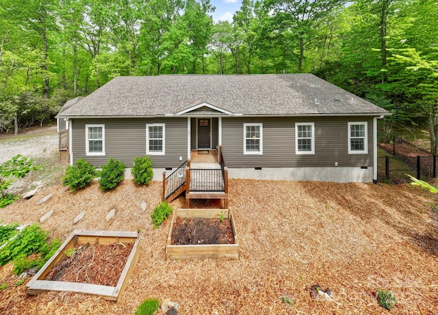 281 Crooked Creek Est, Old Fort, NC 28762 - single story home with crawl space, a garden, roof with shingles, and fence