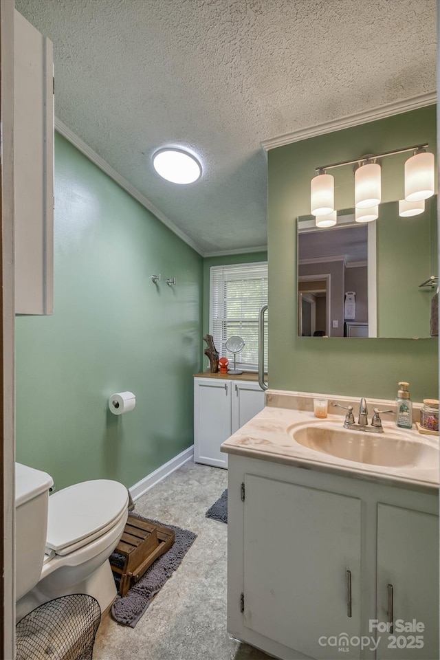 3803 Cook Rd, Valdese, NC 28690 - half bathroom with ornamental molding, a textured ceiling, vanity, and vaulted ceiling