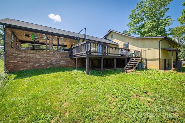 3803 Cook Rd, Valdese, NC 28690 - rear view of property featuring a wooden deck, stairs, a lawn, and brick siding