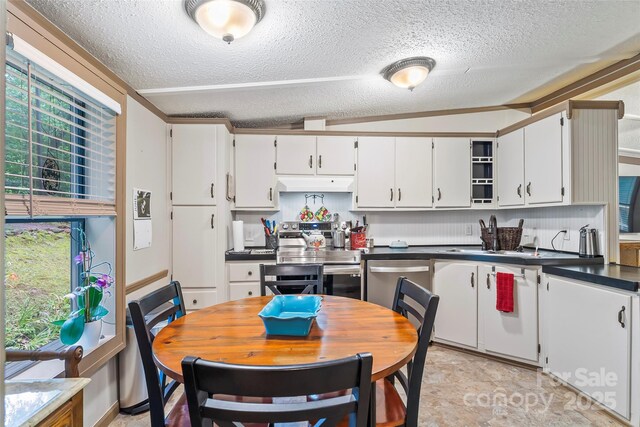 2496 Messer St, Valdese, NC 28690 - kitchen with stainless steel appliances, extractor fan, a sink, a textured ceiling, and dark countertops