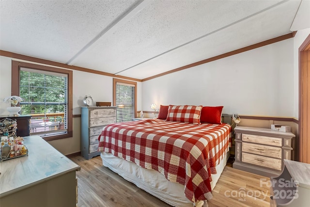 2496 Messer St, Valdese, NC 28690 - bedroom featuring a textured ceiling, light wood-style flooring, baseboards, and vaulted ceiling