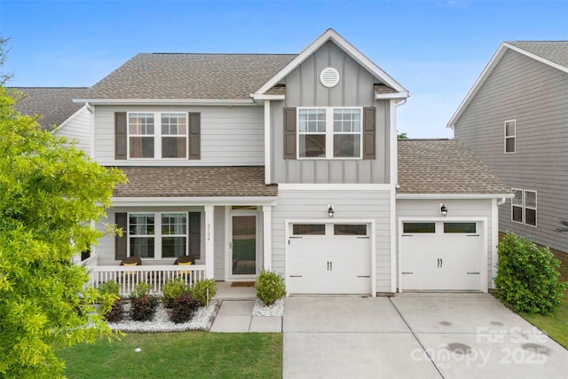 2104 New Hope Branch Way, Belmont, NC 28012 - traditional-style home featuring board and batten siding, driveway, covered porch, a shingled roof, and a garage