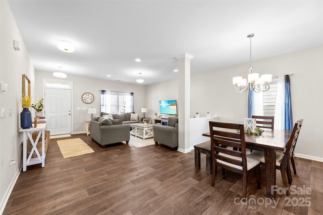 2104 New Hope Branch Way, Belmont, NC 28012 - dining area with a chandelier, dark wood-type flooring, baseboards, and recessed lighting